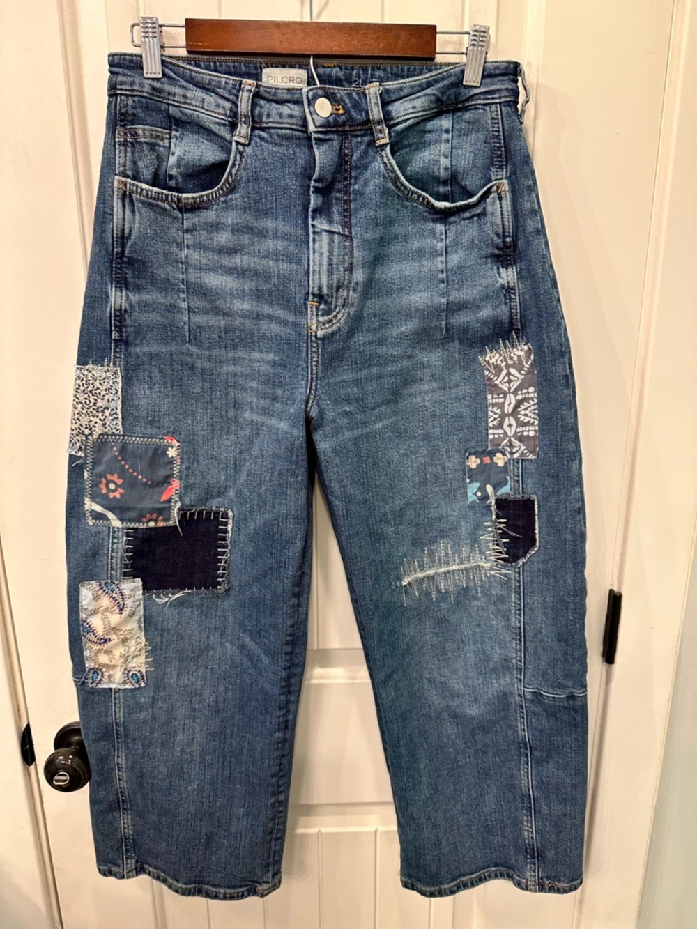 Pilcro Wide Leg Patchwork Jeans in Dark Blue with Multicolor Patches - Picture 4 of 9